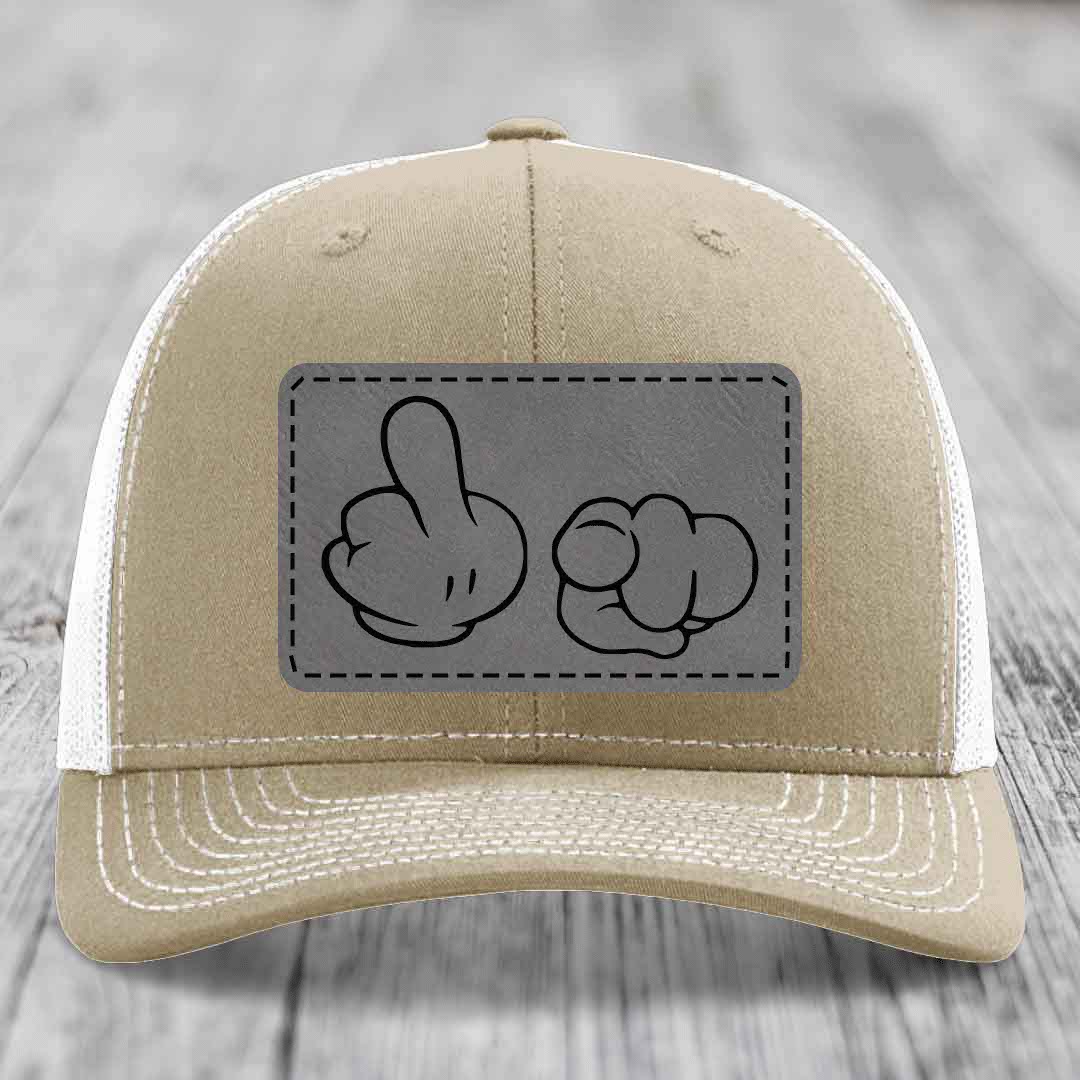 Cartoon Hands F*ck You - Leather Patch Hat - Grey to Black Patch - Richardson 112 Snapback Trucker Hat