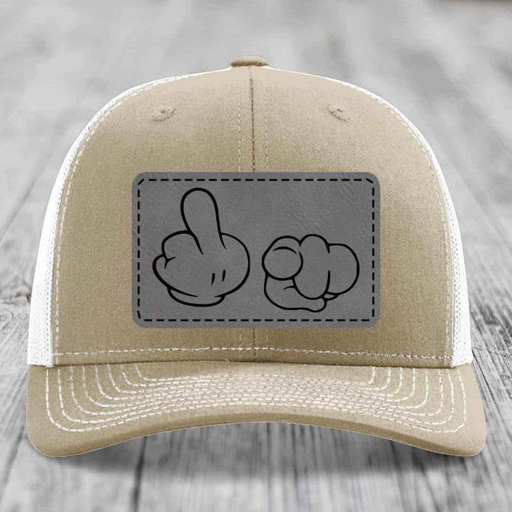 Cartoon Hands F*ck You - Leather Patch Hat - Grey to Black Patch - Richardson 112 Snapback Trucker Hat