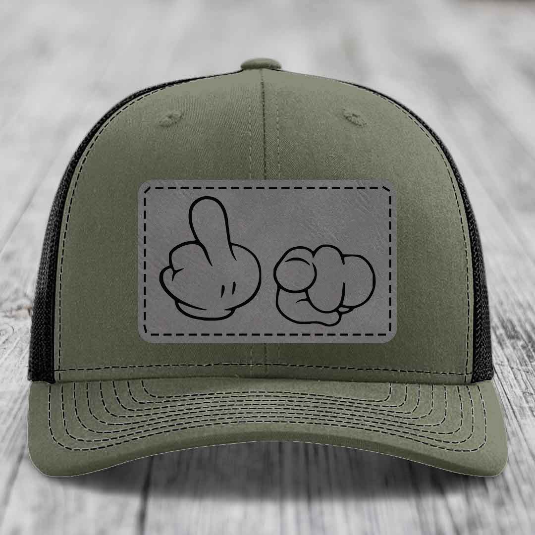 Cartoon Hands F*ck You - Leather Patch Hat - Grey to Black Patch - Richardson 112 Snapback Trucker Hat