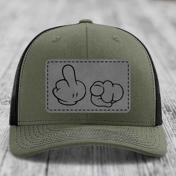 Cartoon Hands F*ck You - Leather Patch Hat - Grey to Black Patch - Richardson 112 Snapback Trucker Hat
