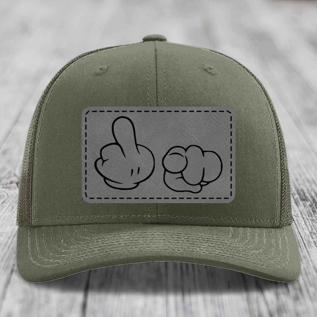 Cartoon Hands F*ck You - Leather Patch Hat - Grey to Black Patch - Richardson 112 Snapback Trucker Hat