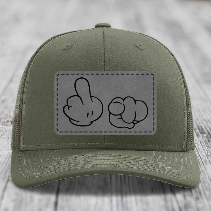 Cartoon Hands F*ck You - Leather Patch Hat - Grey to Black Patch - Richardson 112 Snapback Trucker Hat