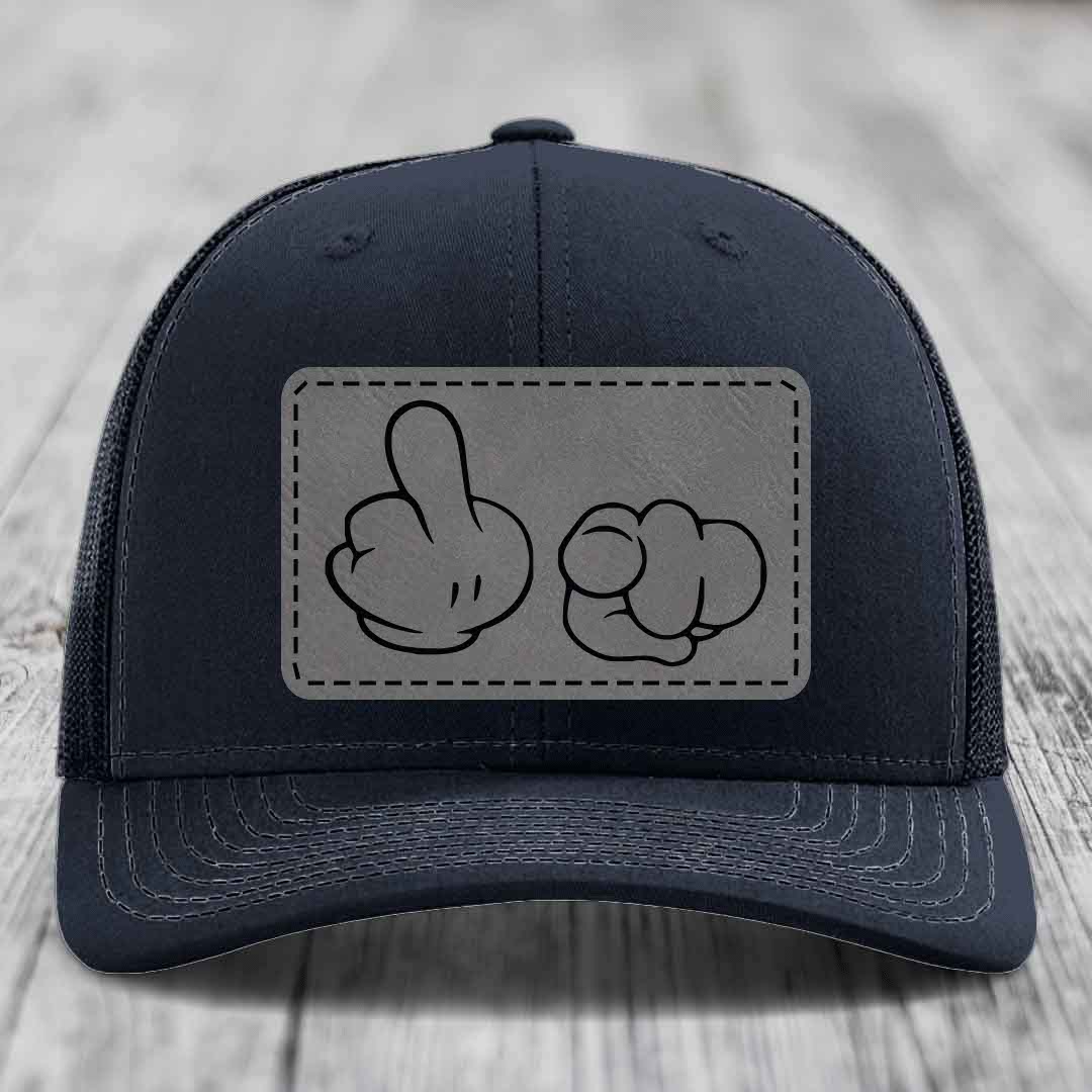 Cartoon Hands F*ck You - Leather Patch Hat - Grey to Black Patch - Richardson 112 Snapback Trucker Hat
