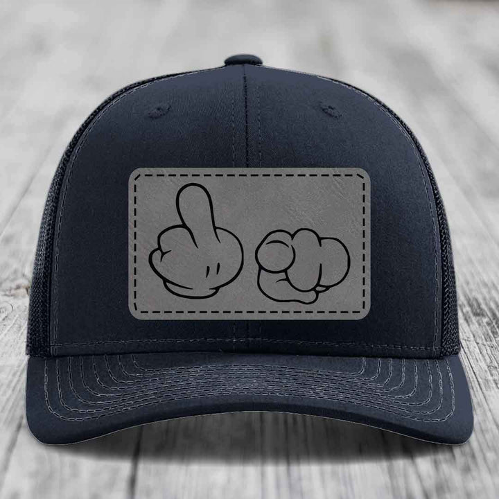 Cartoon Hands F*ck You - Leather Patch Hat - Grey to Black Patch - Richardson 112 Snapback Trucker Hat