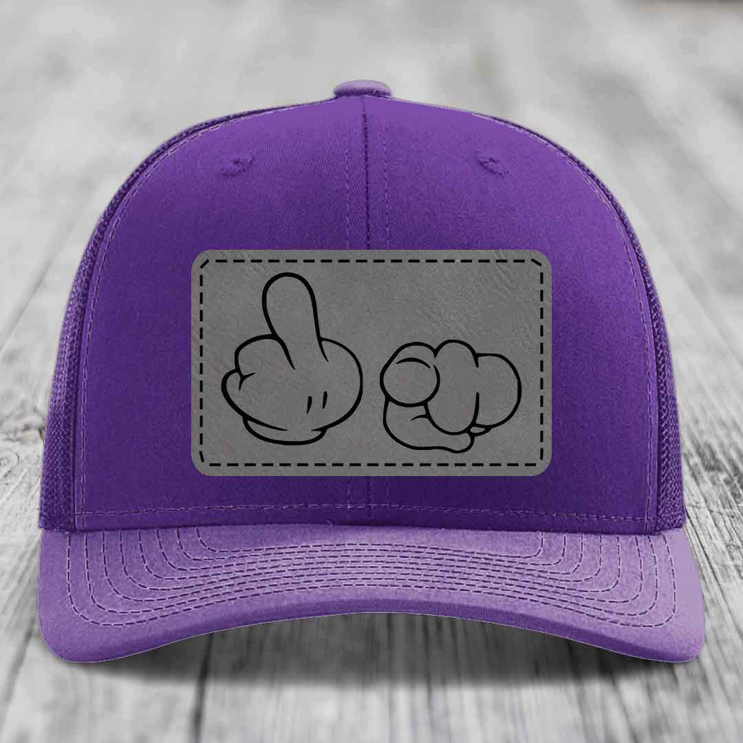 Cartoon Hands F*ck You - Leather Patch Hat - Grey to Black Patch - Richardson 112 Snapback Trucker Hat