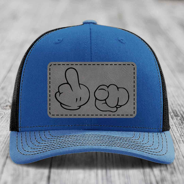 Cartoon Hands F*ck You - Leather Patch Hat - Grey to Black Patch - Richardson 112 Snapback Trucker Hat