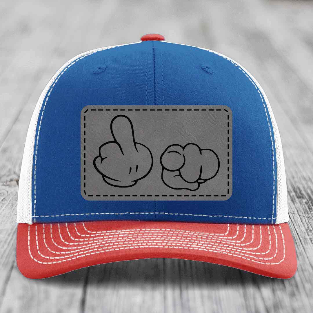 Cartoon Hands F*ck You - Leather Patch Hat - Grey to Black Patch - Richardson 112 Snapback Trucker Hat