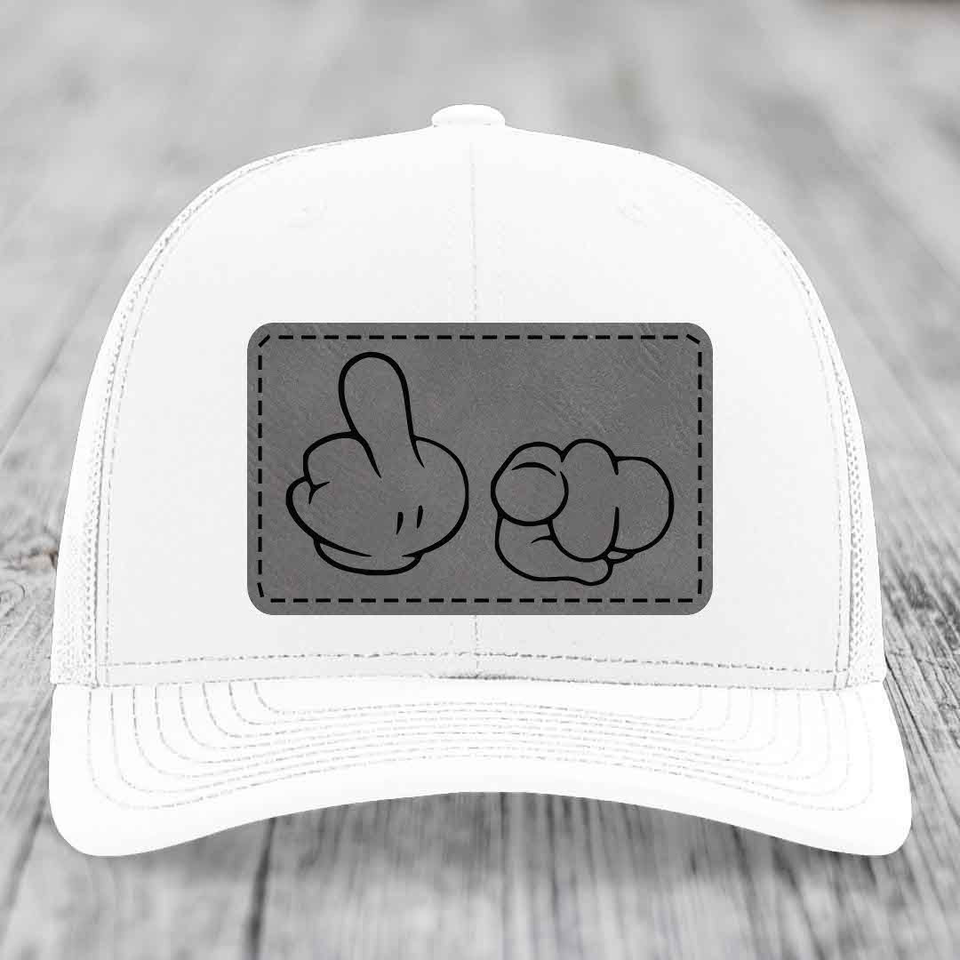 Cartoon Hands F*ck You - Leather Patch Hat - Grey to Black Patch - Richardson 112 Snapback Trucker Hat
