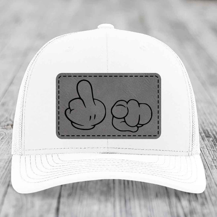 Cartoon Hands F*ck You - Leather Patch Hat - Grey to Black Patch - Richardson 112 Snapback Trucker Hat