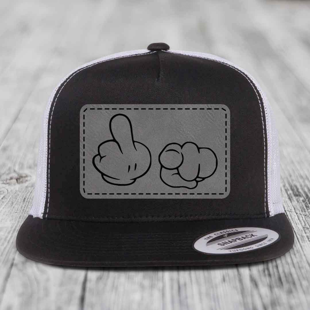Cartoon Hands F*ck You - Leather Patch Hat - Grey to Black Patch - Yupoong 6006 Snapback Flatbill Hat