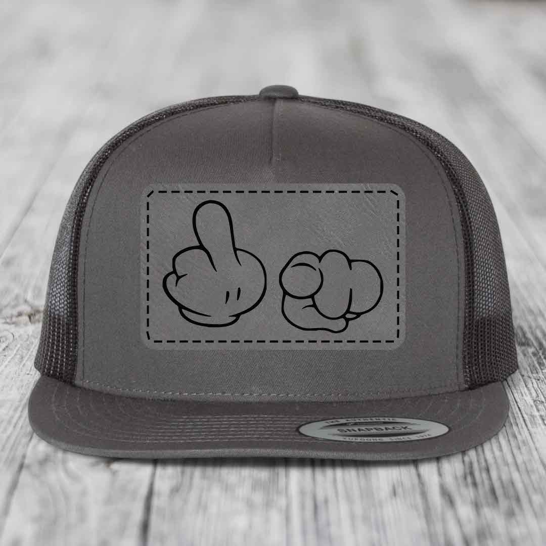 Cartoon Hands F*ck You - Leather Patch Hat - Grey to Black Patch - Yupoong 6006 Snapback Flatbill Hat