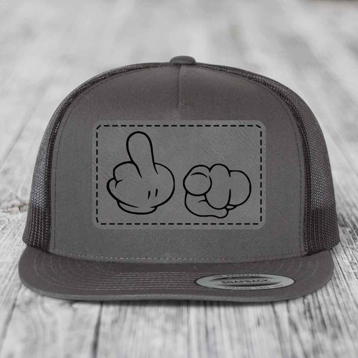 Cartoon Hands F*ck You - Leather Patch Hat - Grey to Black Patch - Yupoong 6006 Snapback Flatbill Hat