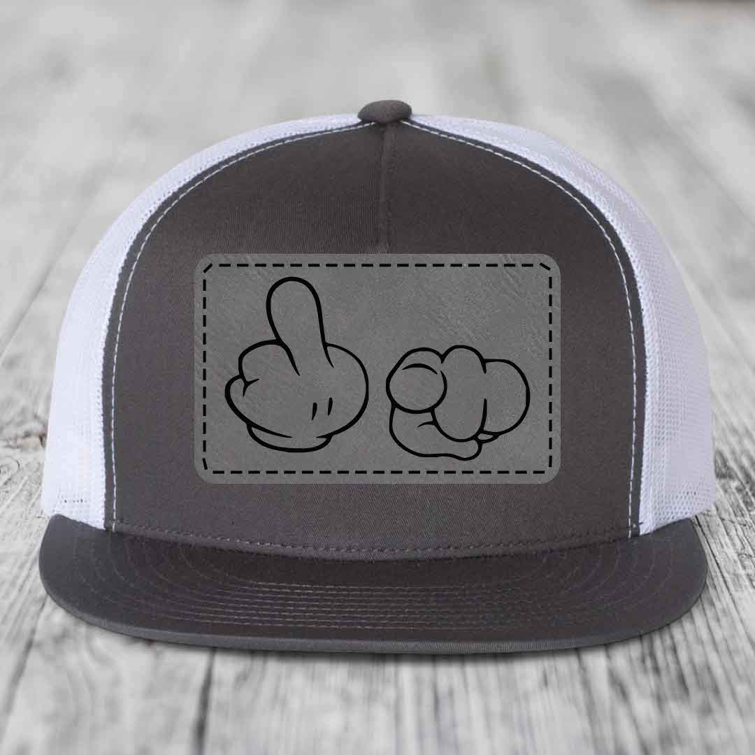 Cartoon Hands F*ck You - Leather Patch Hat - Grey to Black Patch - Yupoong 6006 Snapback Flatbill Hat