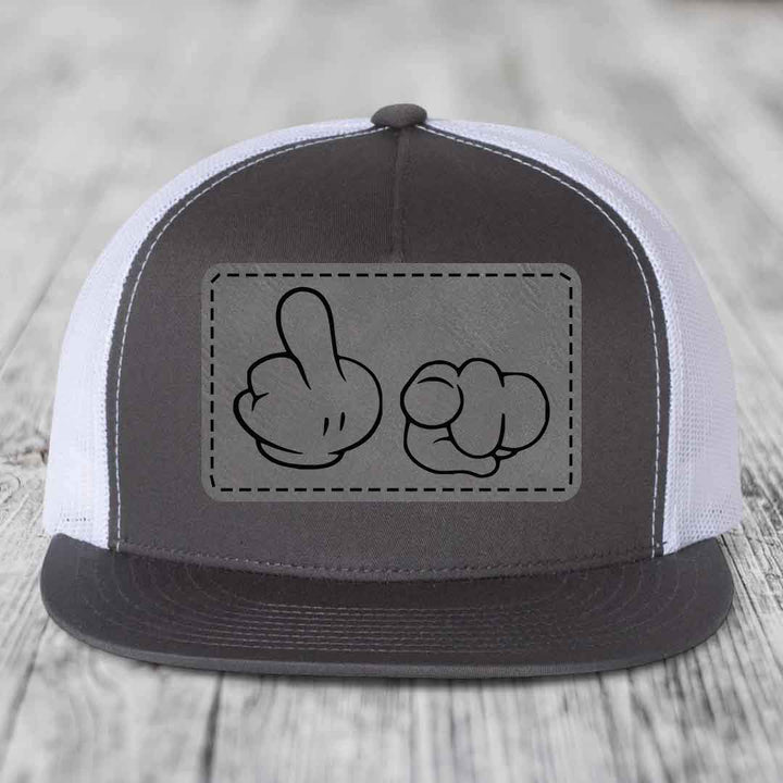 Cartoon Hands F*ck You - Leather Patch Hat - Grey to Black Patch - Yupoong 6006 Snapback Flatbill Hat
