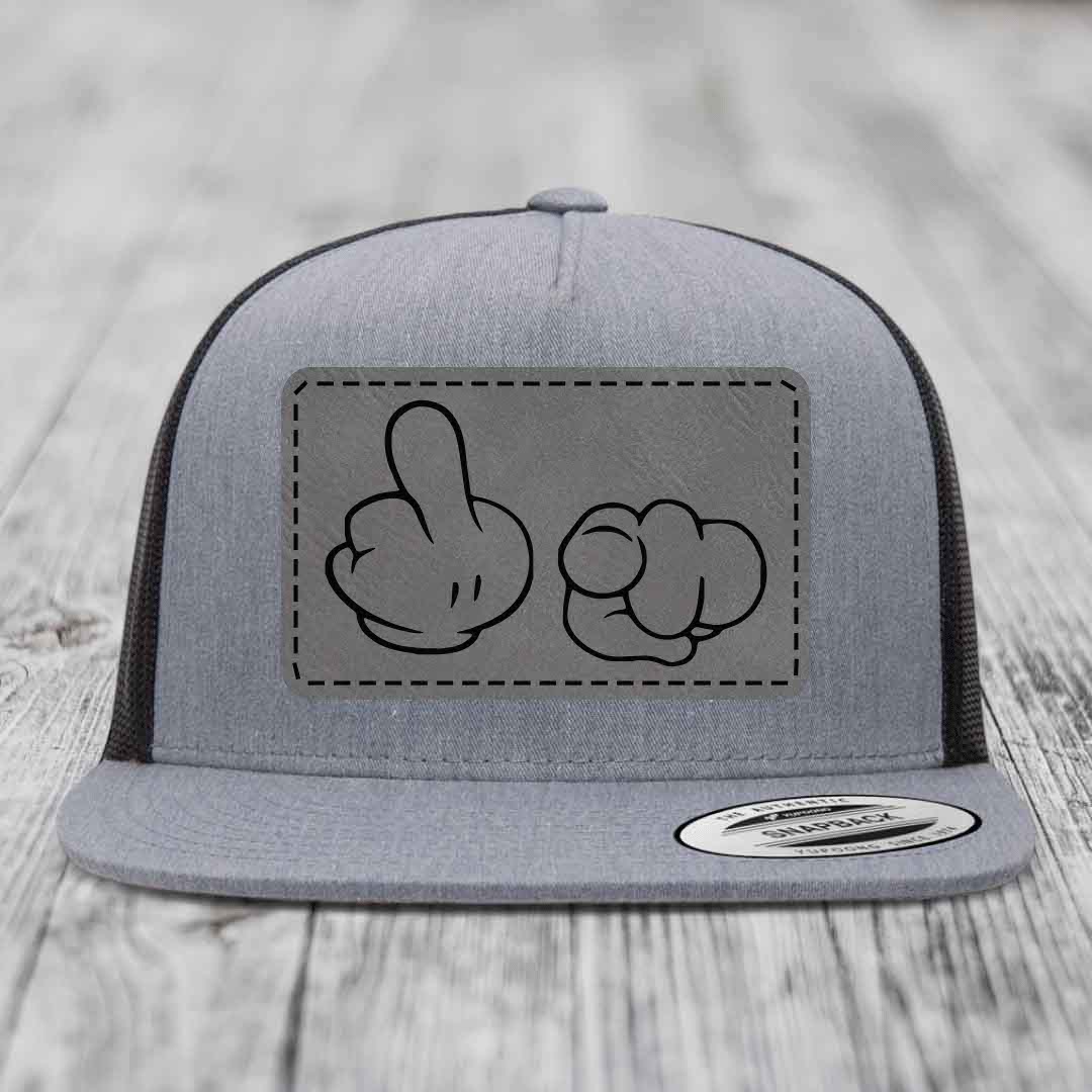 Cartoon Hands F*ck You - Leather Patch Hat - Grey to Black Patch - Yupoong 6006 Snapback Flatbill Hat