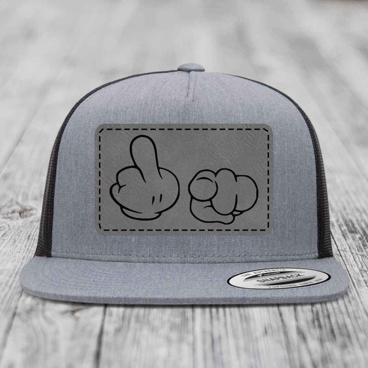Cartoon Hands F*ck You - Leather Patch Hat - Grey to Black Patch - Yupoong 6006 Snapback Flatbill Hat