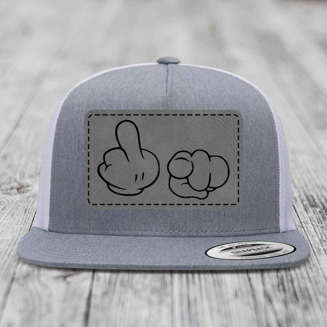 Cartoon Hands F*ck You - Leather Patch Hat - Grey to Black Patch - Yupoong 6006 Snapback Flatbill Hat