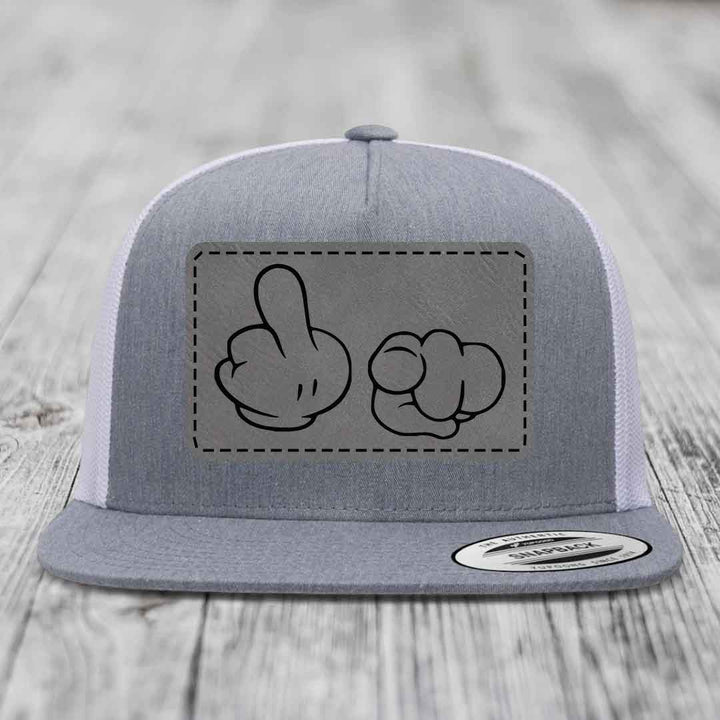 Cartoon Hands F*ck You - Leather Patch Hat - Grey to Black Patch - Yupoong 6006 Snapback Flatbill Hat
