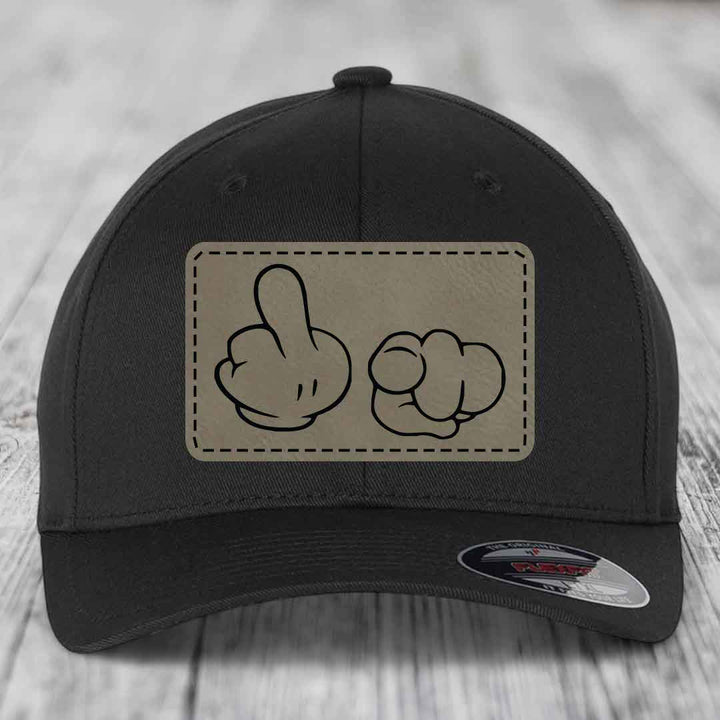 Cartoon Hands F*ck You - Leather Patch Hat - Light Brown to Black Patch - Flexfit 6277 Fitted Hat
