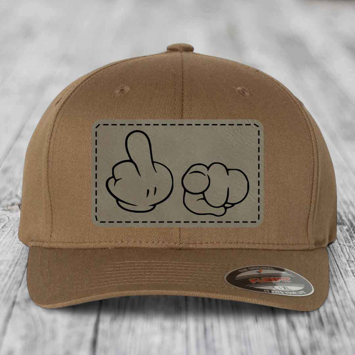 Cartoon Hands F*ck You - Leather Patch Hat - Light Brown to Black Patch - Flexfit 6277 Fitted Hat