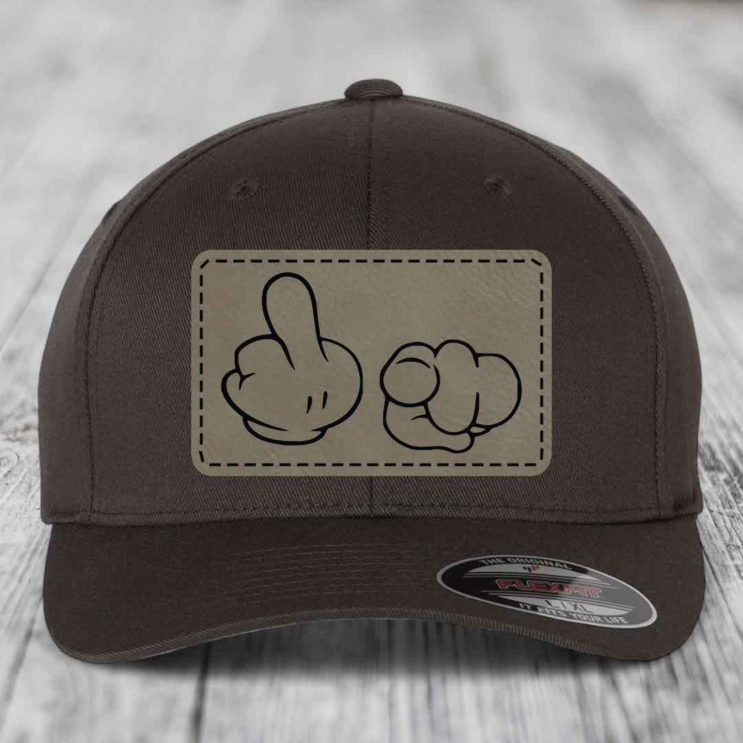 Cartoon Hands F*ck You - Leather Patch Hat - Light Brown to Black Patch - Flexfit 6277 Fitted Hat