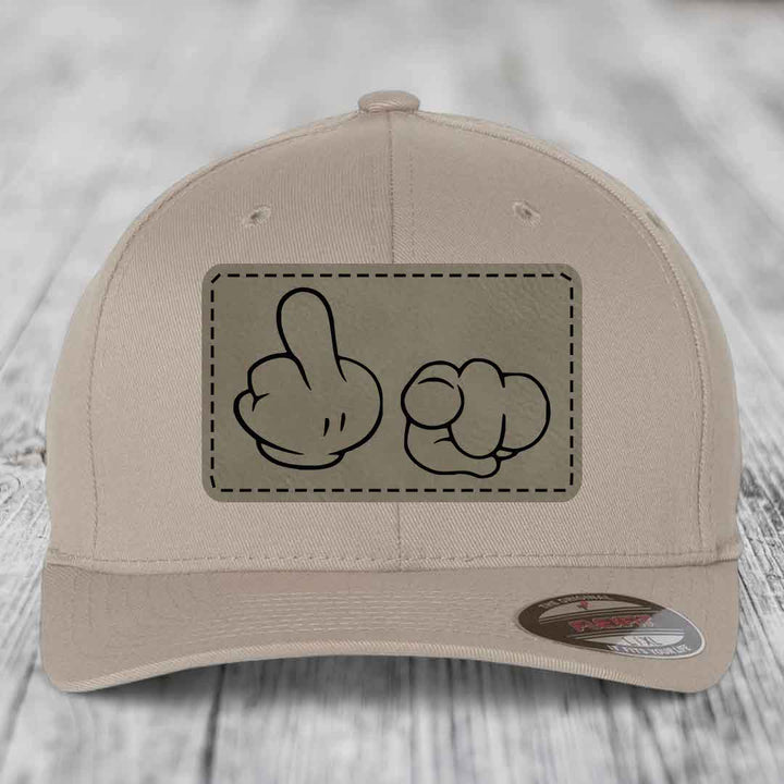 Cartoon Hands F*ck You - Leather Patch Hat - Light Brown to Black Patch - Flexfit 6277 Fitted Hat