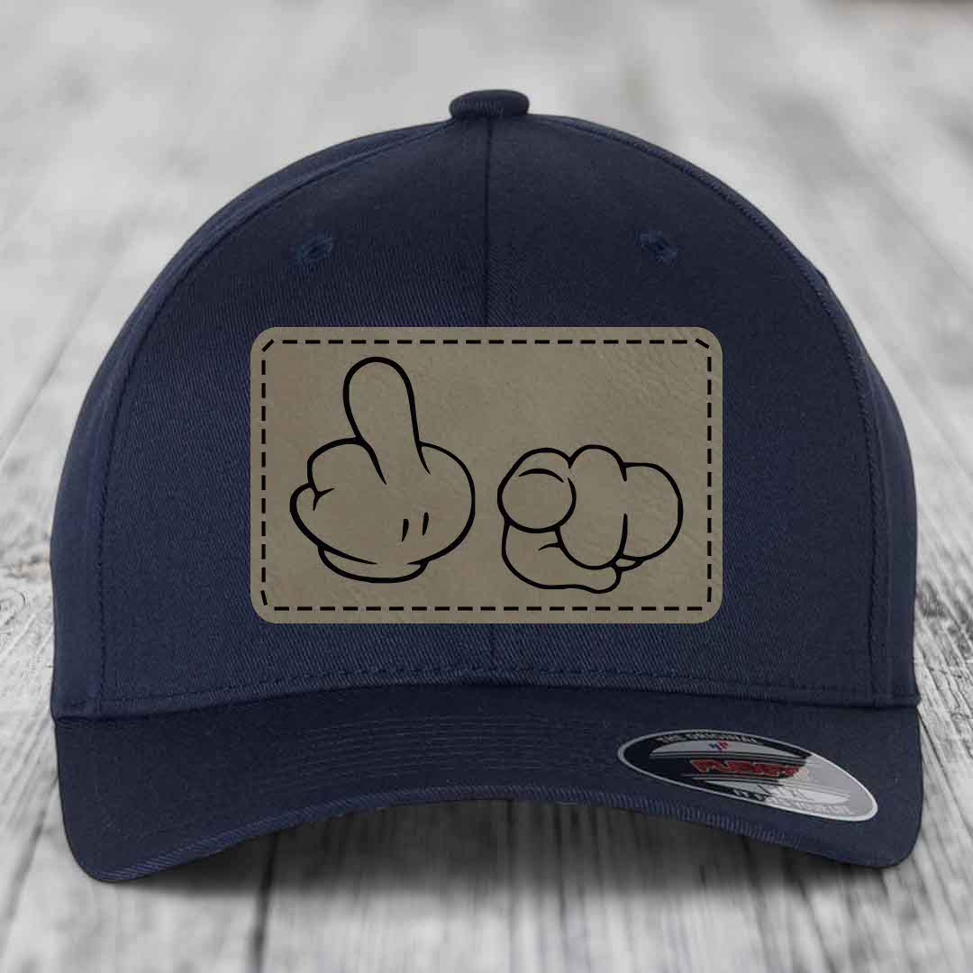 Cartoon Hands F*ck You - Leather Patch Hat - Light Brown to Black Patch - Flexfit 6277 Fitted Hat