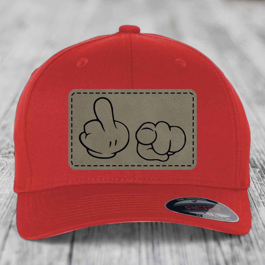 Cartoon Hands F*ck You - Leather Patch Hat - Light Brown to Black Patch - Flexfit 6277 Fitted Hat