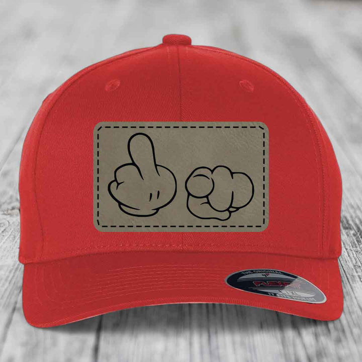 Cartoon Hands F*ck You - Leather Patch Hat - Light Brown to Black Patch - Flexfit 6277 Fitted Hat