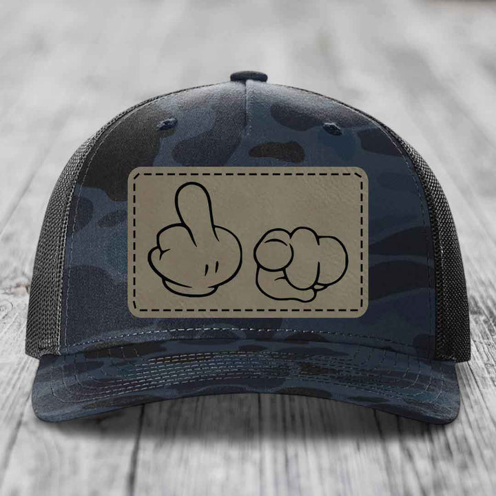 Cartoon Hands F*ck You - Leather Patch Hat - Light Brown to Black Patch - Richardson 112PFP Snapback Trucker Hat