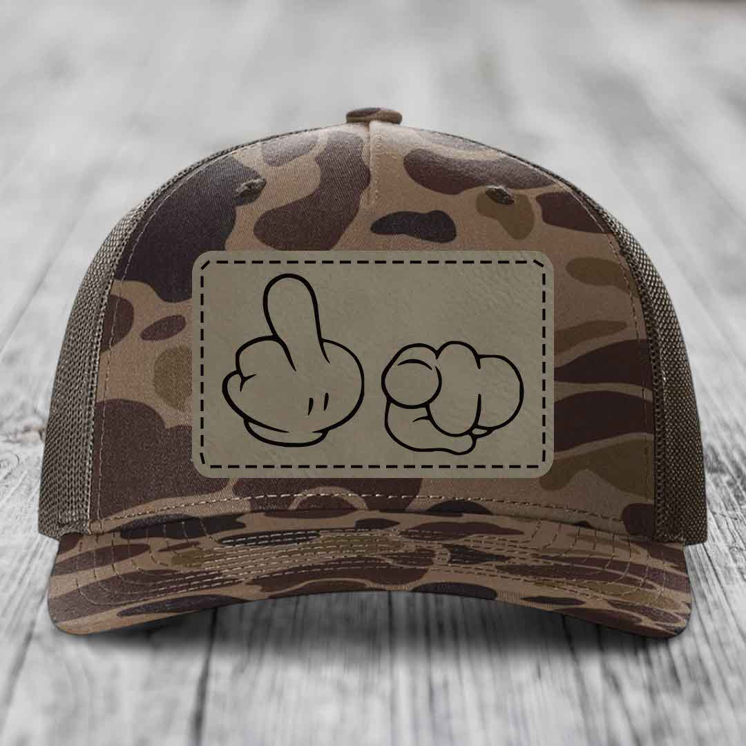 Cartoon Hands F*ck You - Leather Patch Hat - Light Brown to Black Patch - Richardson 112PFP Snapback Trucker Hat