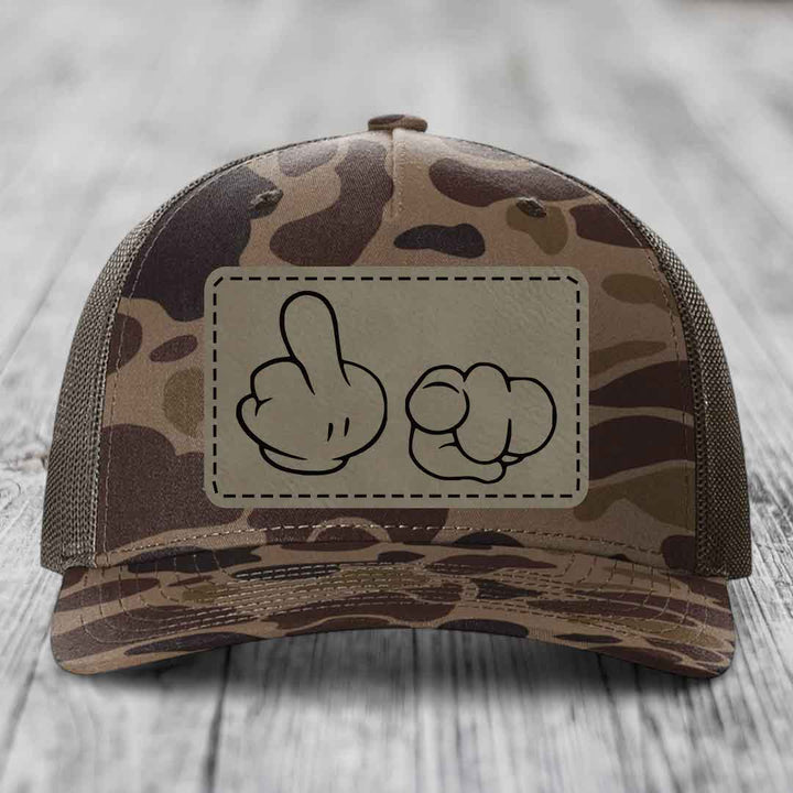 Cartoon Hands F*ck You - Leather Patch Hat - Light Brown to Black Patch - Richardson 112PFP Snapback Trucker Hat