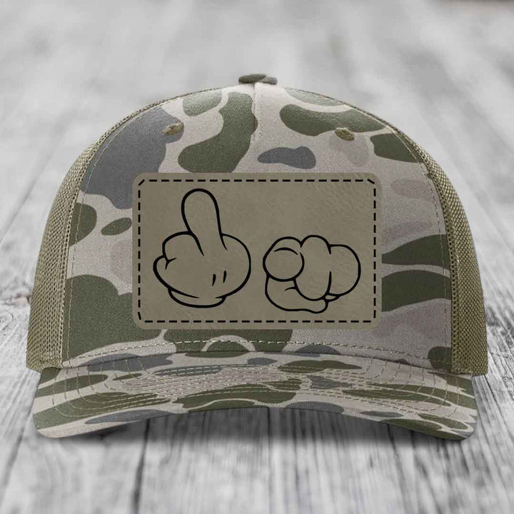 Cartoon Hands F*ck You - Leather Patch Hat - Light Brown to Black Patch - Richardson 112PFP Snapback Trucker Hat