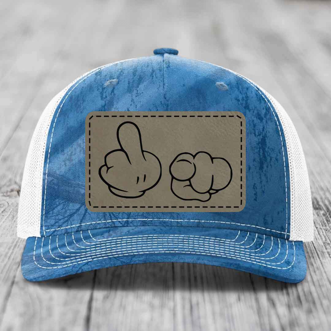 Cartoon Hands F*ck You - Leather Patch Hat - Light Brown to Black Patch - Richardson 112PFP Snapback Trucker Hat