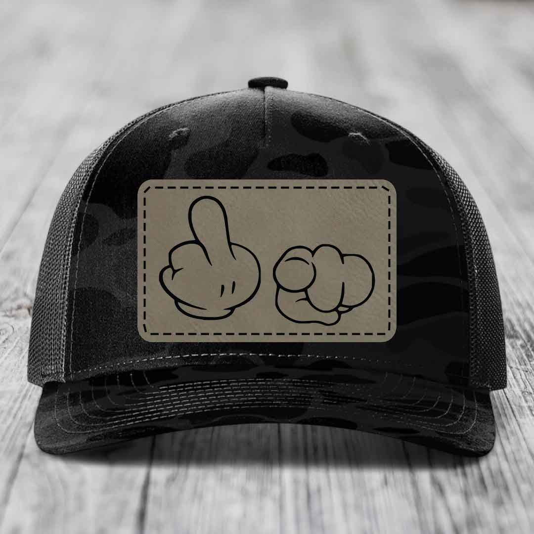 Cartoon Hands F*ck You - Leather Patch Hat - Light Brown to Black Patch - Richardson 112PFP Snapback Trucker Hat