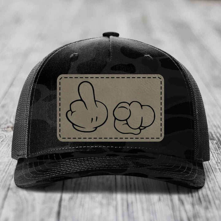 Cartoon Hands F*ck You - Leather Patch Hat - Light Brown to Black Patch - Richardson 112PFP Snapback Trucker Hat