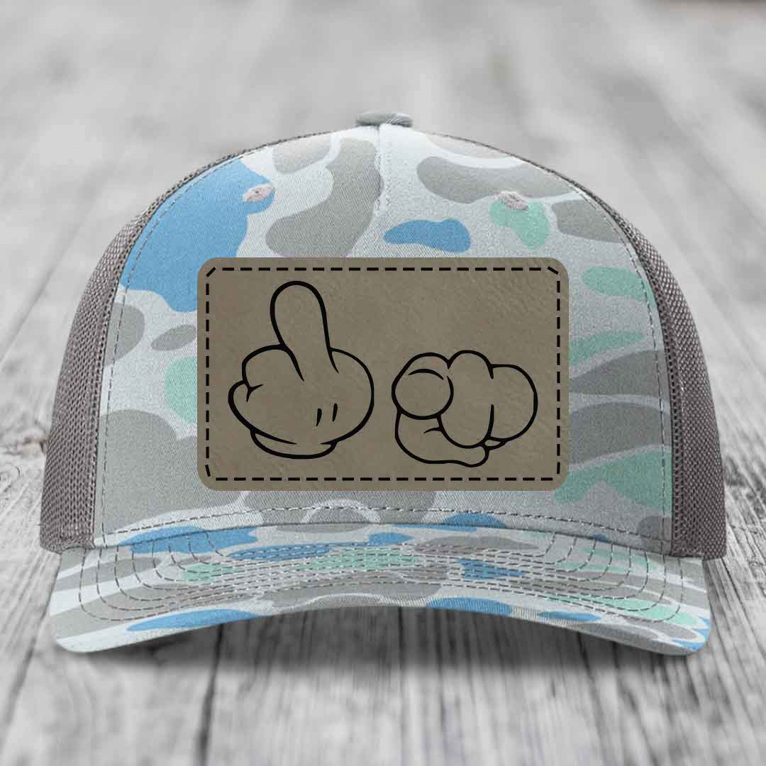 Cartoon Hands F*ck You - Leather Patch Hat - Light Brown to Black Patch - Richardson 112PFP Snapback Trucker Hat