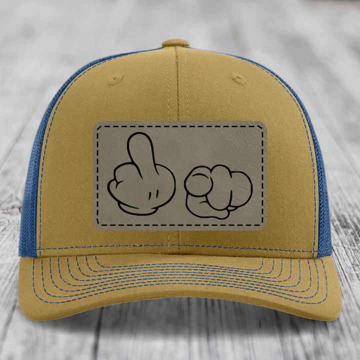 Cartoon Hands F*ck You - Leather Patch Hat - Light Brown to Black Patch - Richardson 112 Snapback Trucker Hat