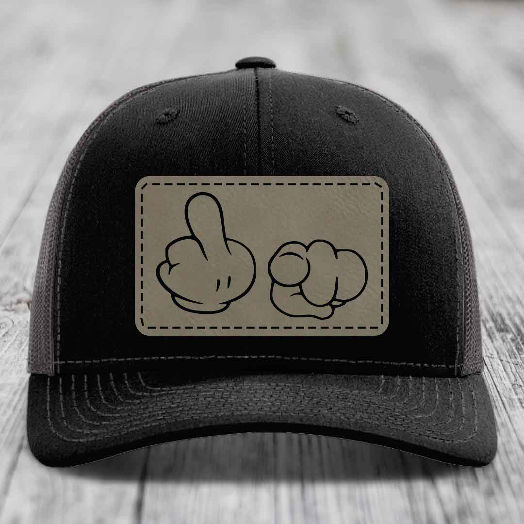 Cartoon Hands F*ck You - Leather Patch Hat - Light Brown to Black Patch - Richardson 112 Snapback Trucker Hat