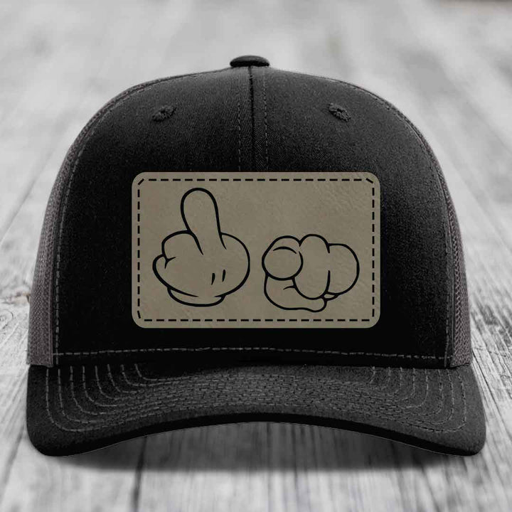 Cartoon Hands F*ck You - Leather Patch Hat - Light Brown to Black Patch - Richardson 112 Snapback Trucker Hat