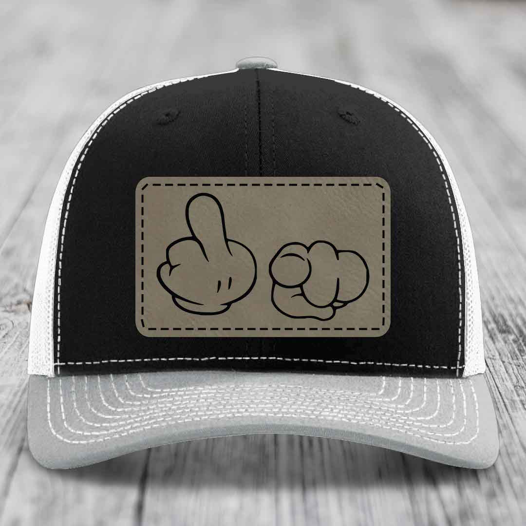 Cartoon Hands F*ck You - Leather Patch Hat - Light Brown to Black Patch - Richardson 112 Snapback Trucker Hat