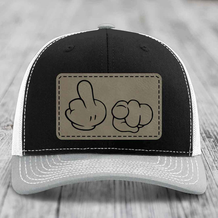 Cartoon Hands F*ck You - Leather Patch Hat - Light Brown to Black Patch - Richardson 112 Snapback Trucker Hat