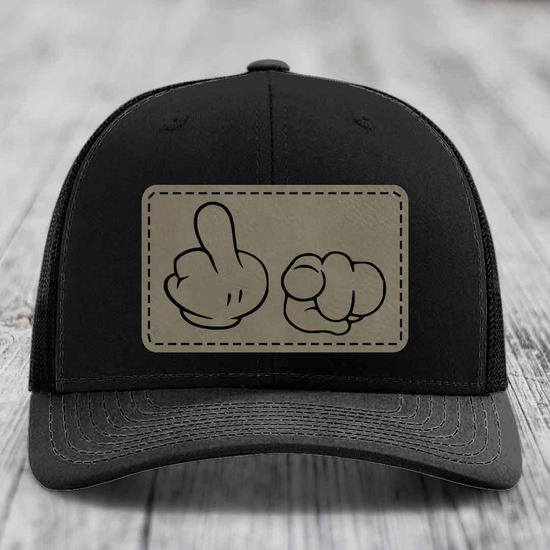 Cartoon Hands F*ck You - Leather Patch Hat - Light Brown to Black Patch - Richardson 112 Snapback Trucker Hat