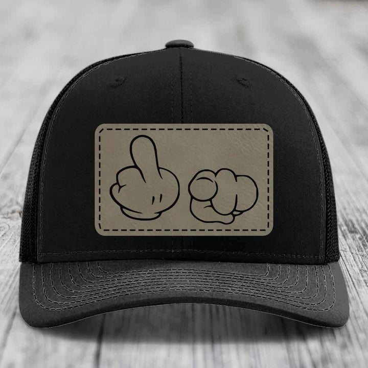 Cartoon Hands F*ck You - Leather Patch Hat - Light Brown to Black Patch - Richardson 112 Snapback Trucker Hat