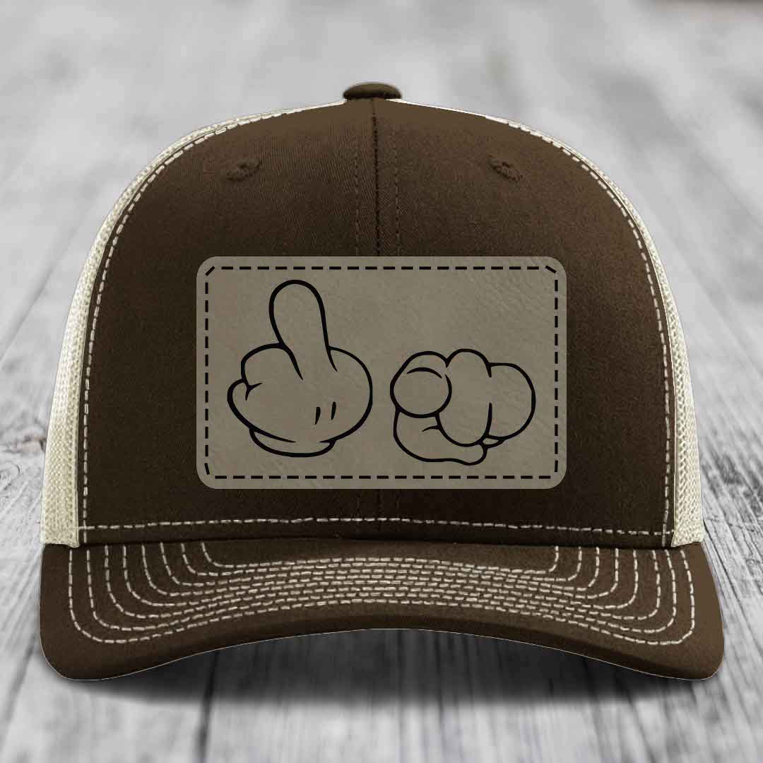 Cartoon Hands F*ck You - Leather Patch Hat - Light Brown to Black Patch - Richardson 112 Snapback Trucker Hat