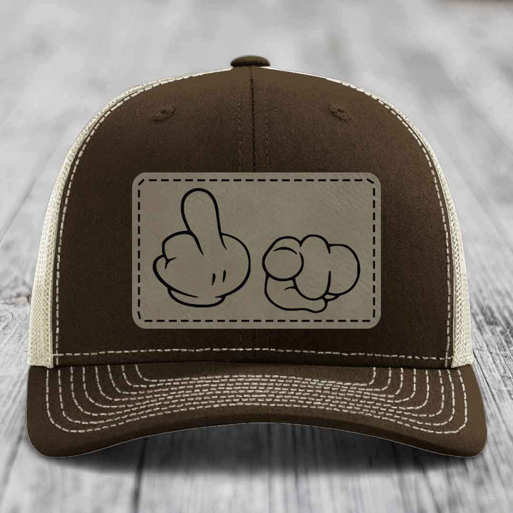 Cartoon Hands F*ck You - Leather Patch Hat - Light Brown to Black Patch - Richardson 112 Snapback Trucker Hat
