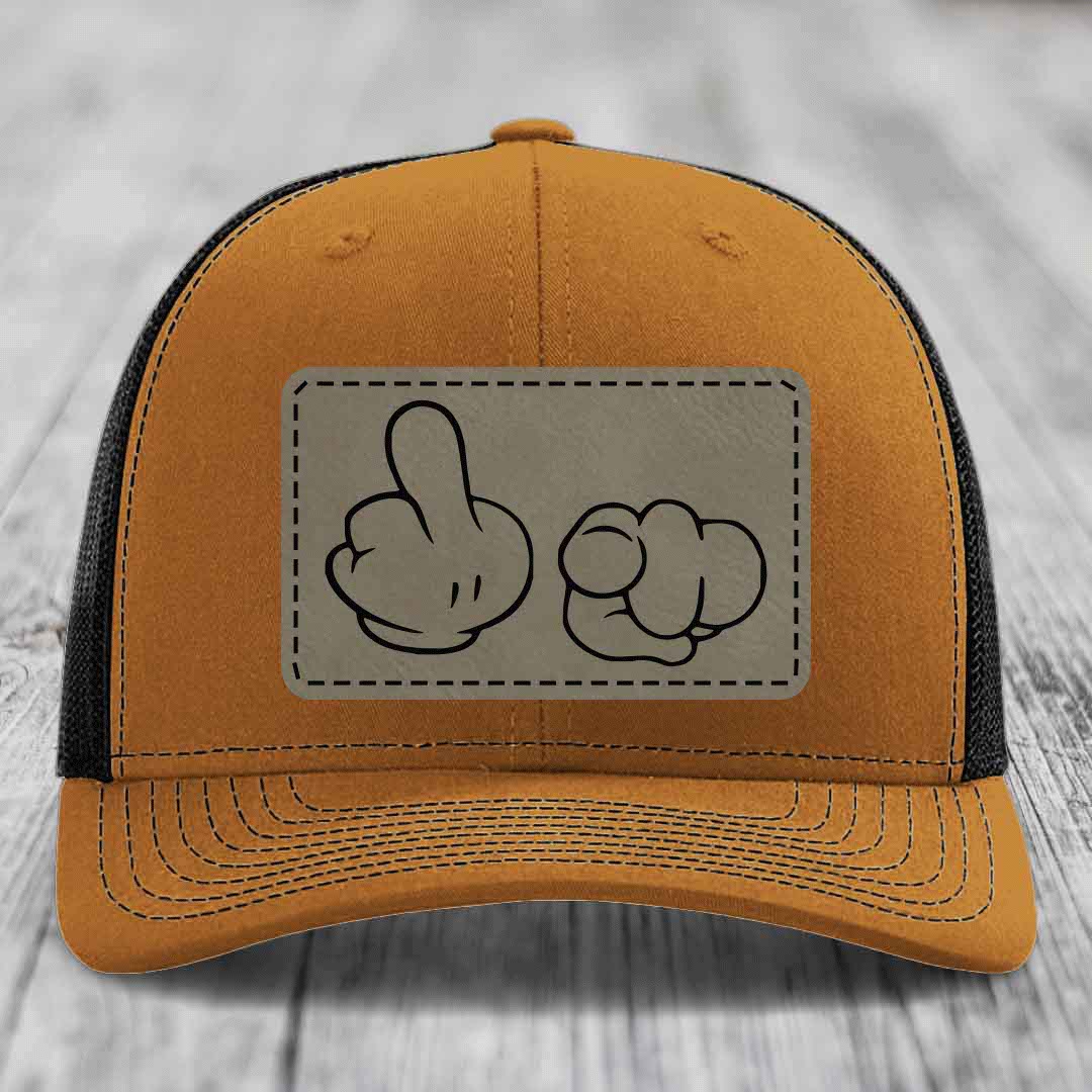 Cartoon Hands F*ck You - Leather Patch Hat - Light Brown to Black Patch - Richardson 112 Snapback Trucker Hat