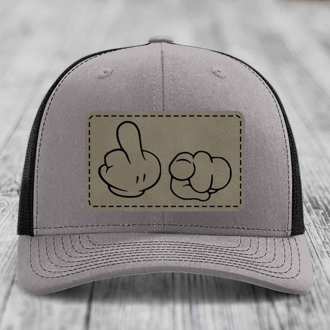 Cartoon Hands F*ck You - Leather Patch Hat - Light Brown to Black Patch - Richardson 112 Snapback Trucker Hat