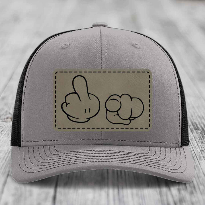 Cartoon Hands F*ck You - Leather Patch Hat - Light Brown to Black Patch - Richardson 112 Snapback Trucker Hat