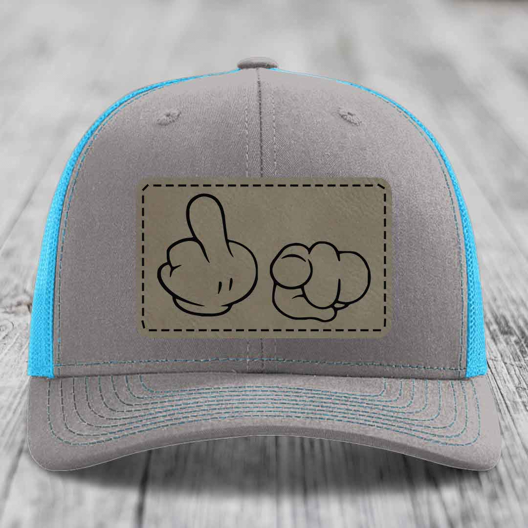 Cartoon Hands F*ck You - Leather Patch Hat - Light Brown to Black Patch - Richardson 112 Snapback Trucker Hat